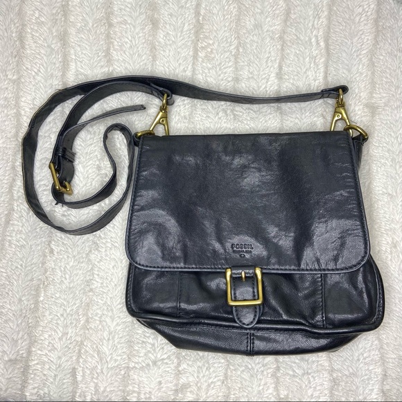Fossil Handbags - Fossil Black Crossbody Leather Purse Bag with Gold Hardware